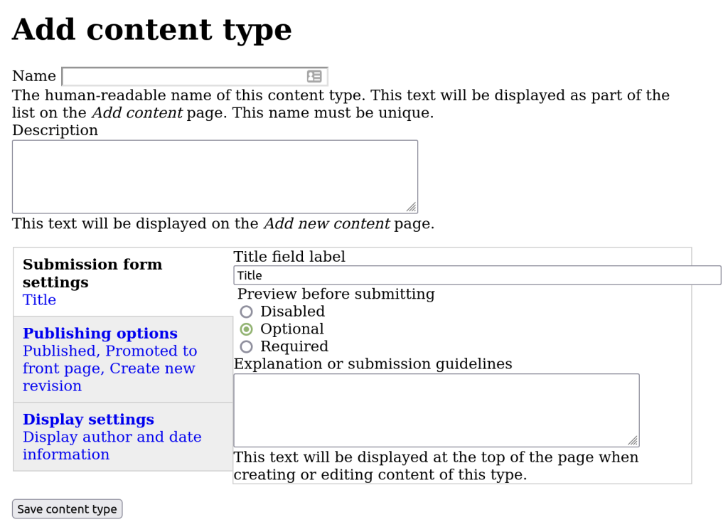 Drupal base theme false add content type